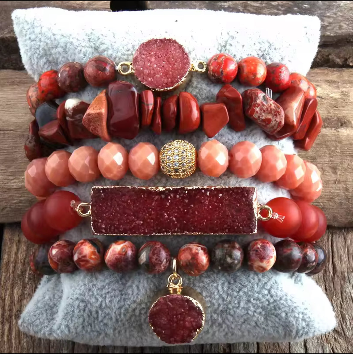 Crystal healing natural stone bracelet 5 piece set-Red