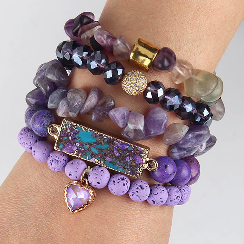 Amethyst purple beaded bracelet set with heart accent
