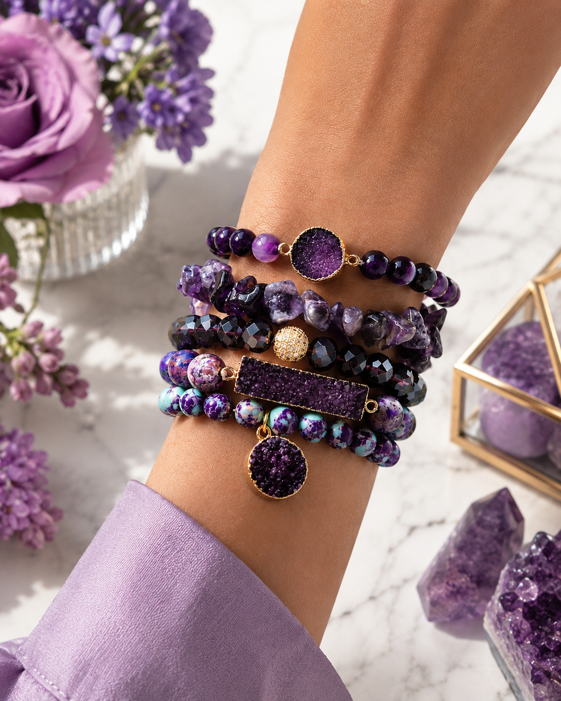 Crystal Beaded Natural Stone Healing Bracelet 5 Piece Set Purple