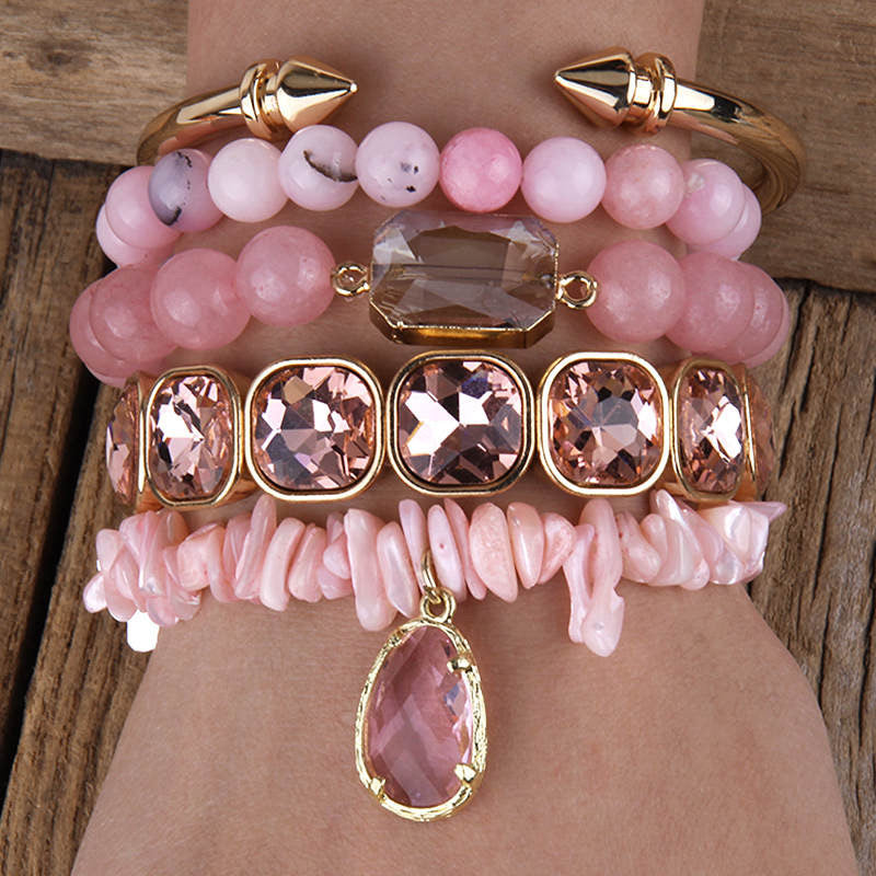 Rose quartz pink crystal glass beaded bracelet stack