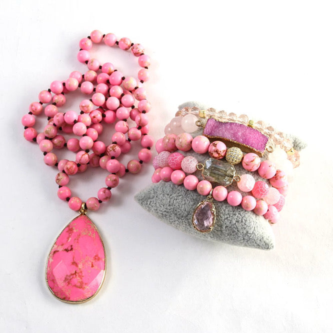 Pink beaded jasper necklace with matching bracelet