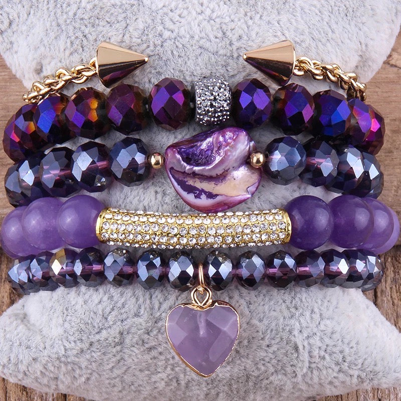 5 Piece Amethyst Crystal Beaded Bracelet Set
