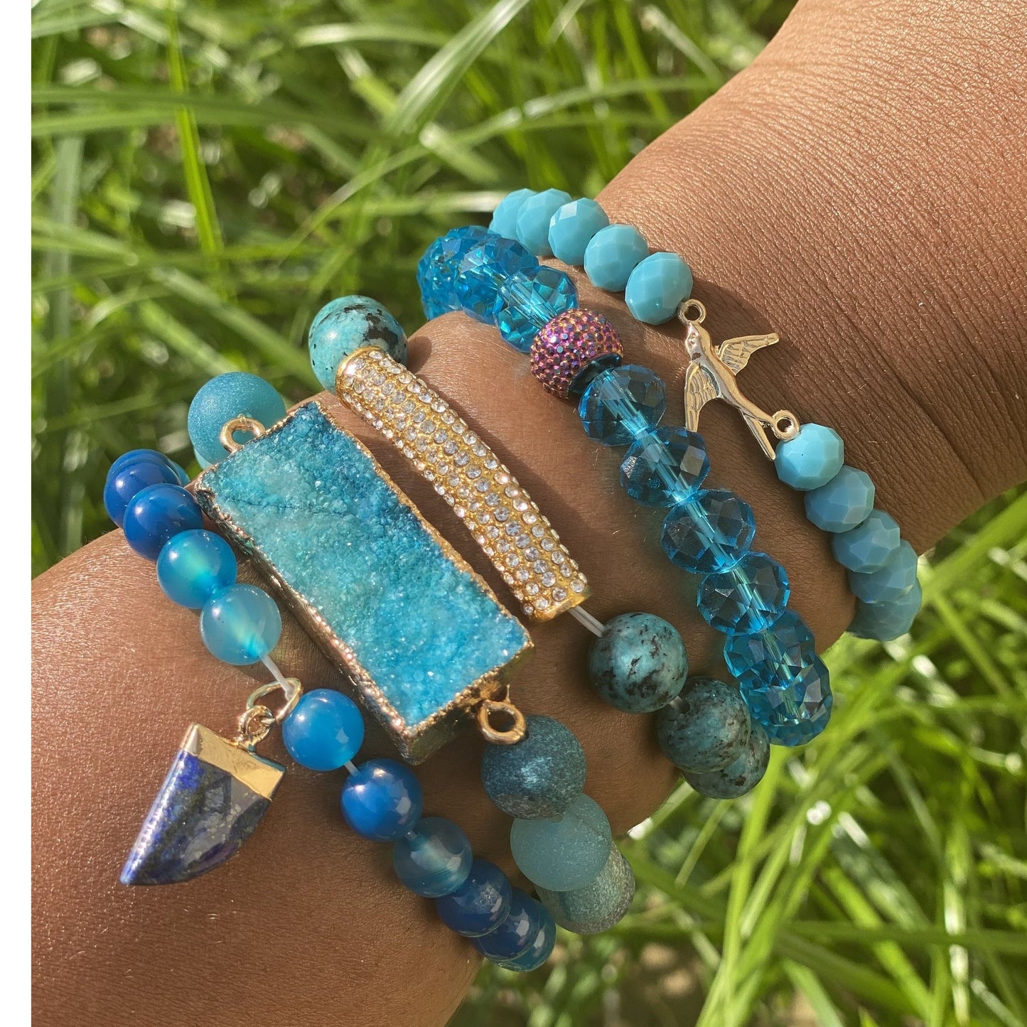 Crystal beaded druzy stone bracelet set turquoise blue