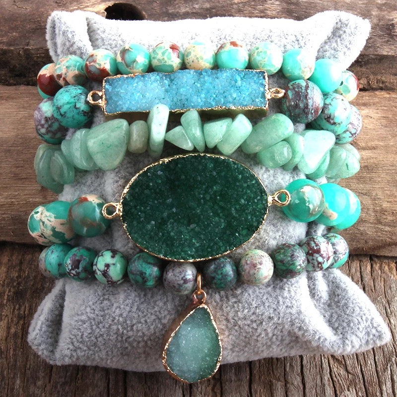 Green Aventurine Druzy Bracelet Stack
