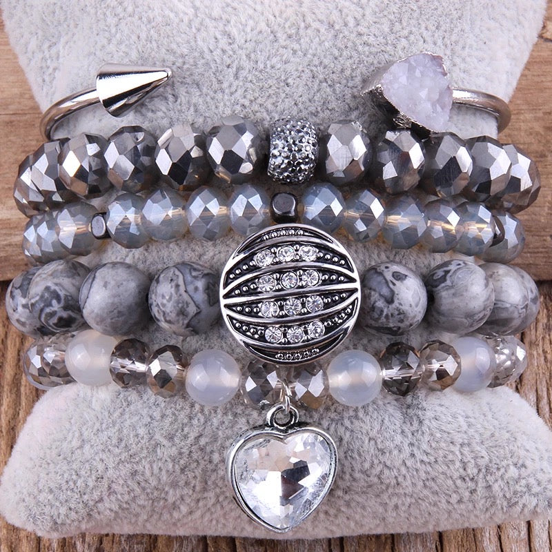 Gray Map Stone Jasper Beaded Bracelet Set