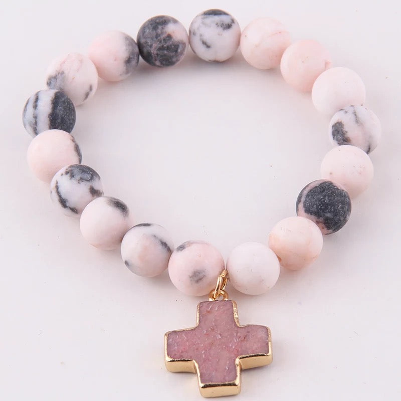 Pink Zebra Beaded Cross Bracelet