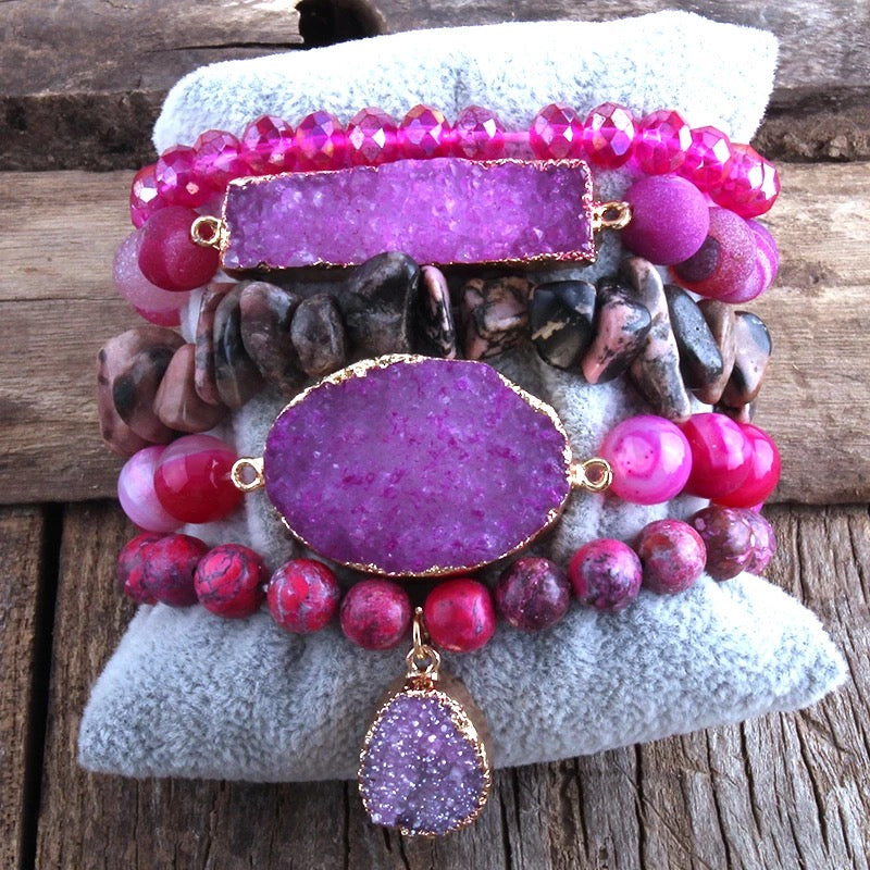 5 Piece womens crystal beaded gemstone bracelet stack in pink. Natural crystal beaded bracelet set