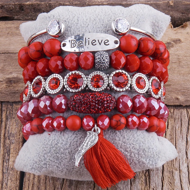 Red Turquoise Crystal Beaded Bracelet set, 5 piece