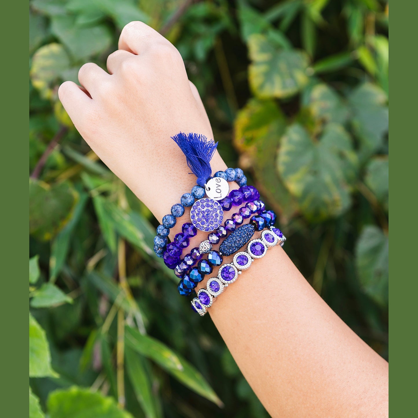 Blue Lapis Lazuli Crystal Rhinestone Beaded Bracelet Stack