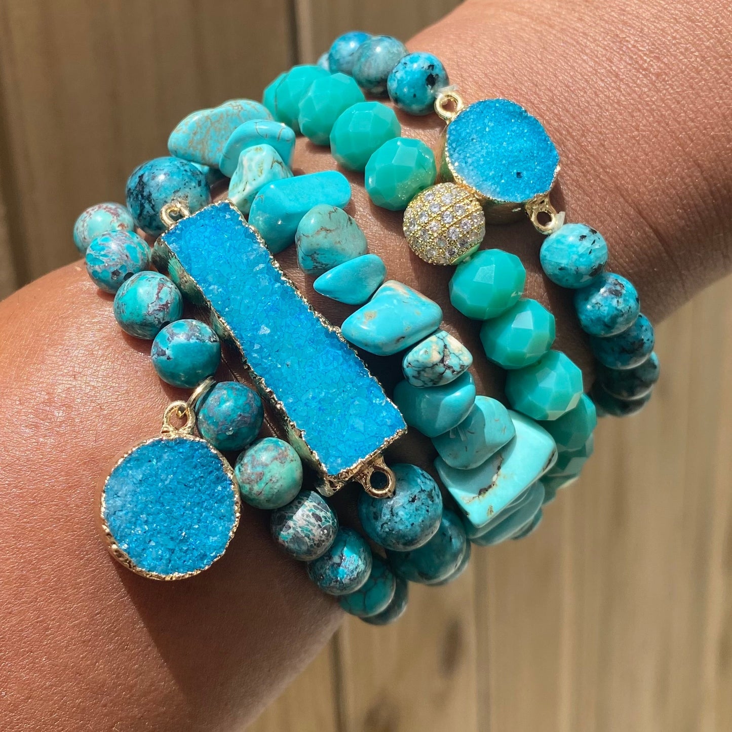5 piece teal crystal healing gemstone beaded bracelet set