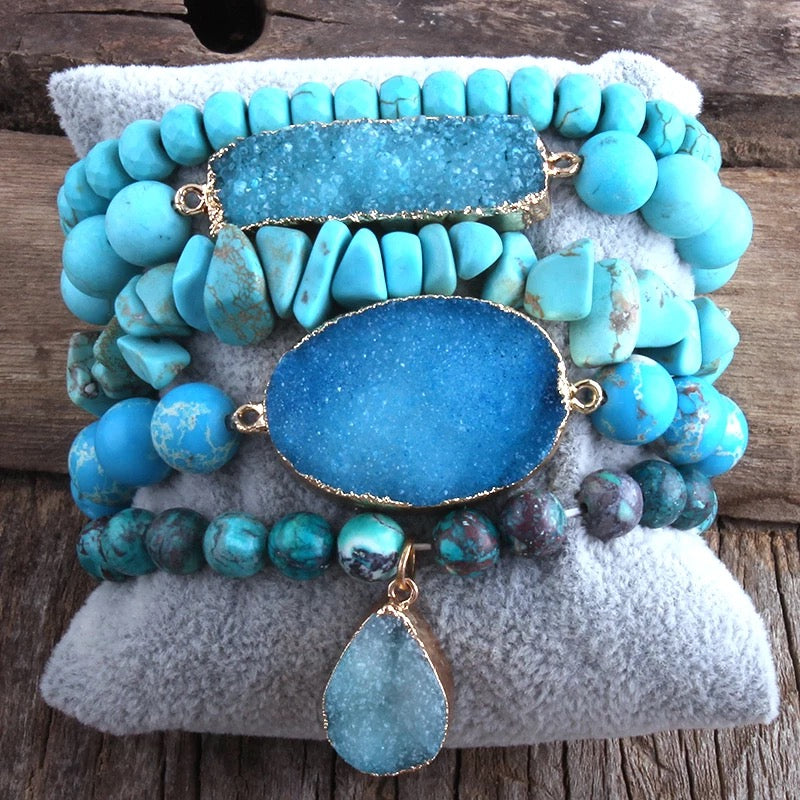 Turquoise Blue Druzy Gemstone Bracelet Set