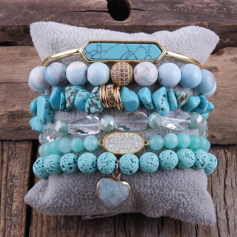 Blue and white beaded gemstone bracelet stack