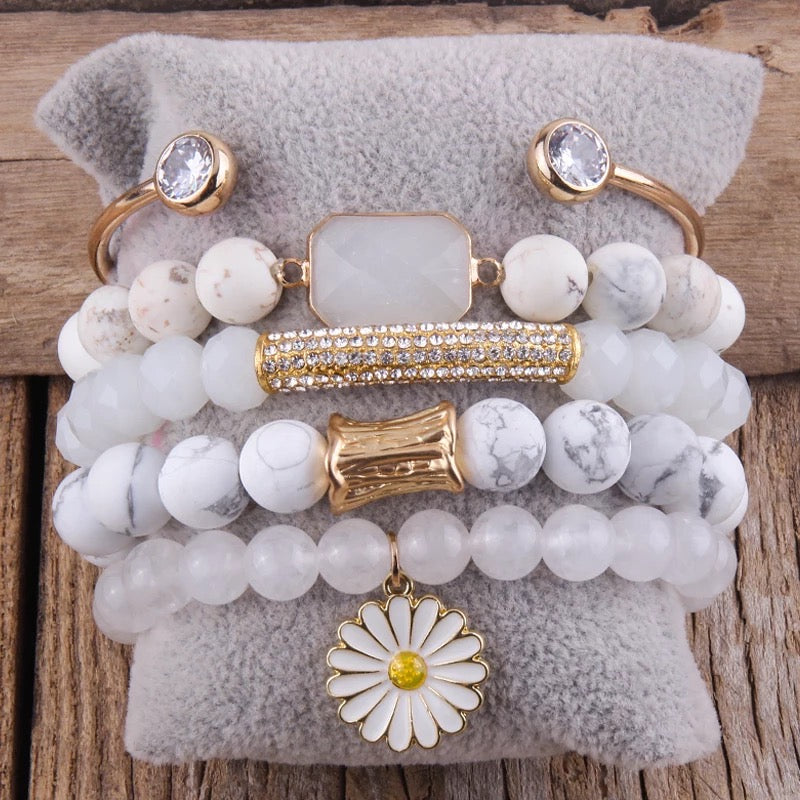 White howlite beaded bracelet set with sunflower charm