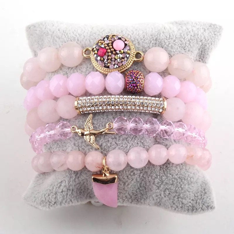 Crystal Beaded Bracelet 5 Piece Set Pink
