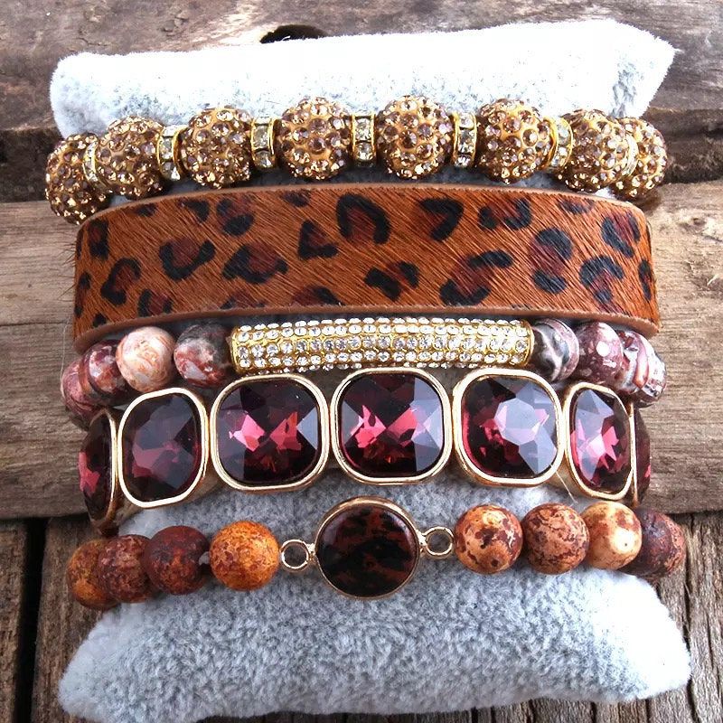 Brown Leopard Beaded Bracelet Set