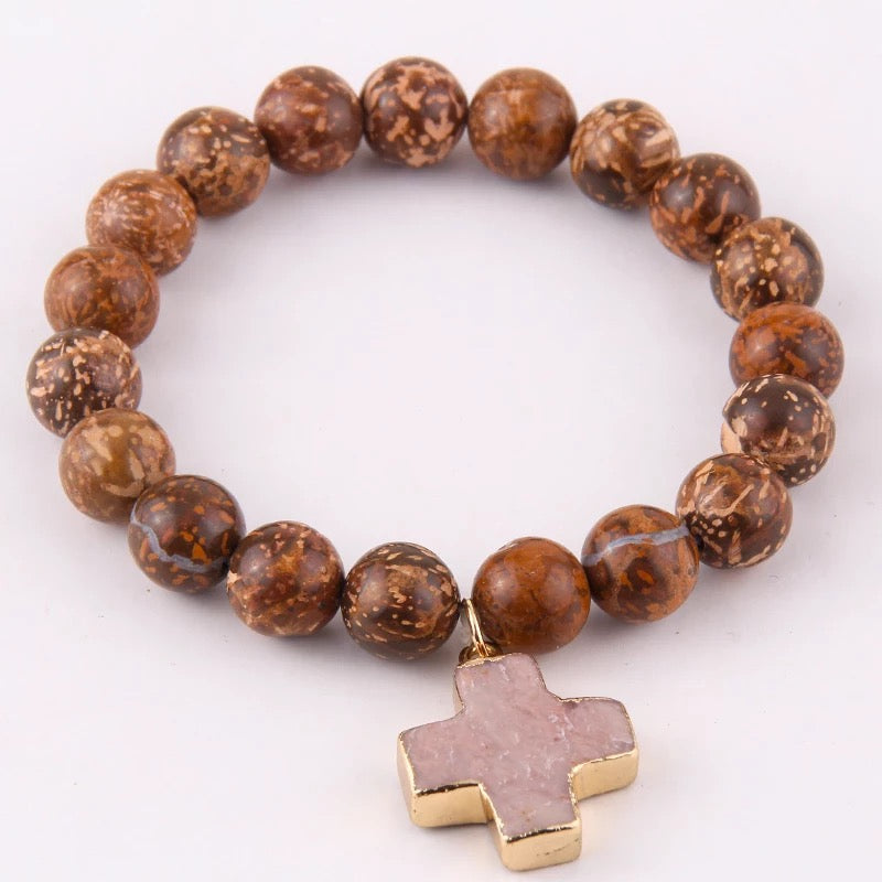 Coconut Jasper Cross Bracelet