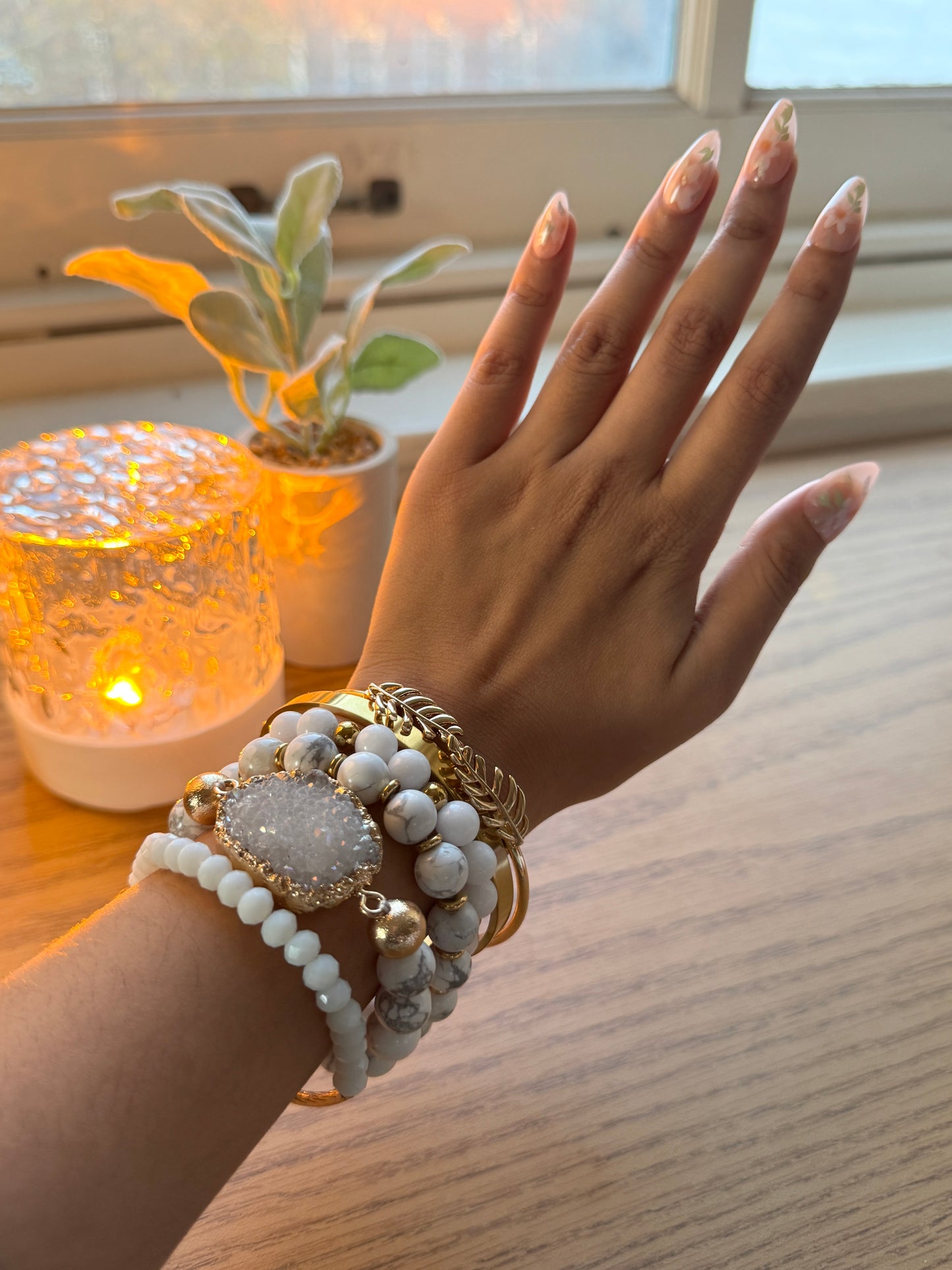 White & Gold Natural Stone Druzy Bracelet Set