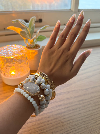 White & Gold Natural Stone Druzy Bracelet Set