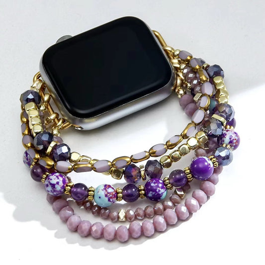 Purple Imperial Jasper & Gold Beaded Apple Watch Band