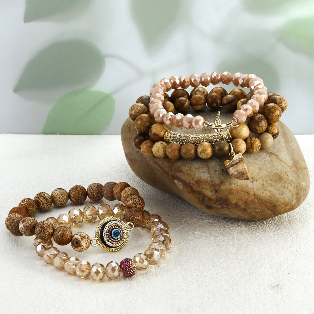 Picture Jasper Beaded Bracelet Set