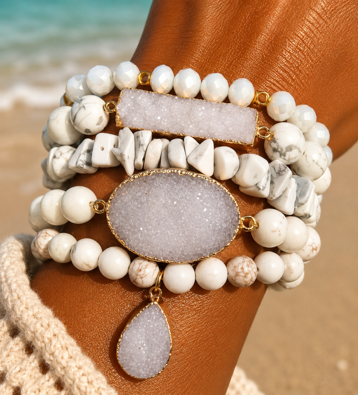 White Howlite Druzy Bracelet Set