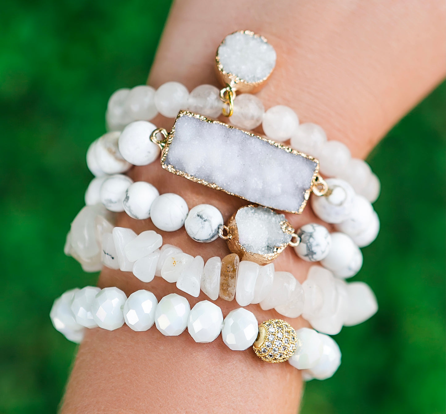Crystal Beaded Natural Stone Healing Bracelet 5 Pc Set White