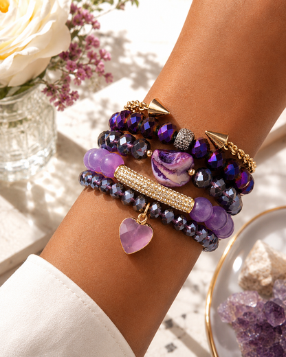 Purple Bloom Crystal Beaded Bracelet Set