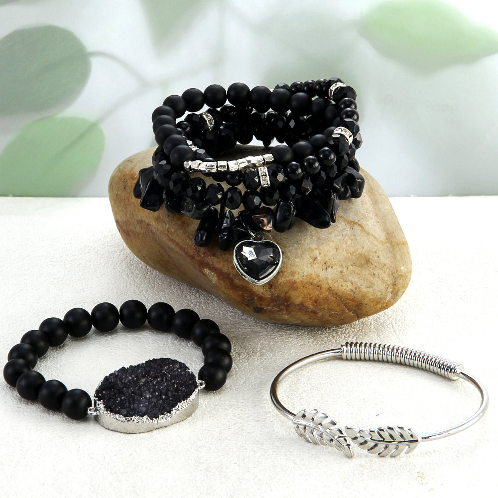 Midnight Harmony Druzy Stone Beaded Bracelet Set