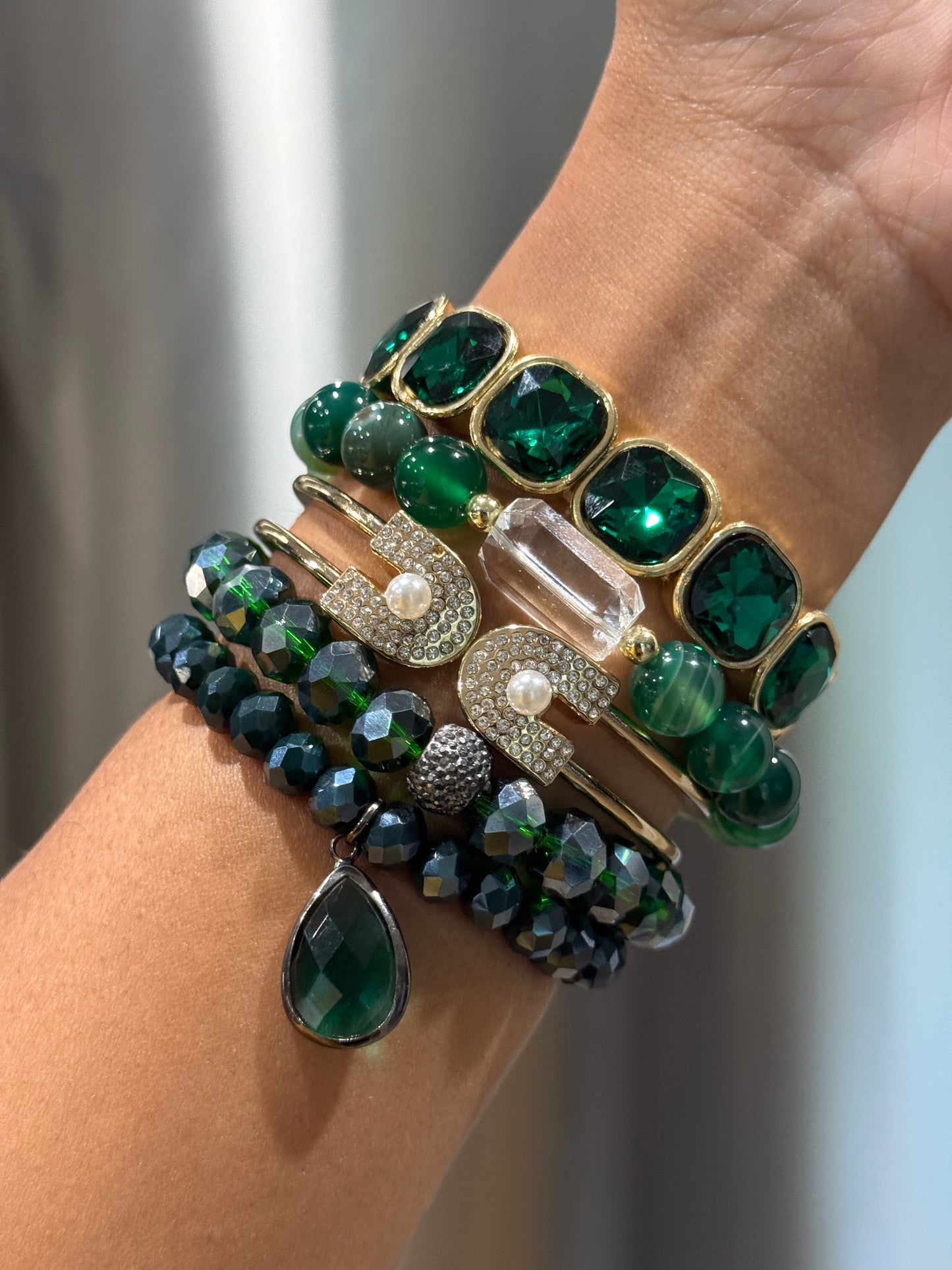Emerald Green & Gold Beaded Bracelet Set
