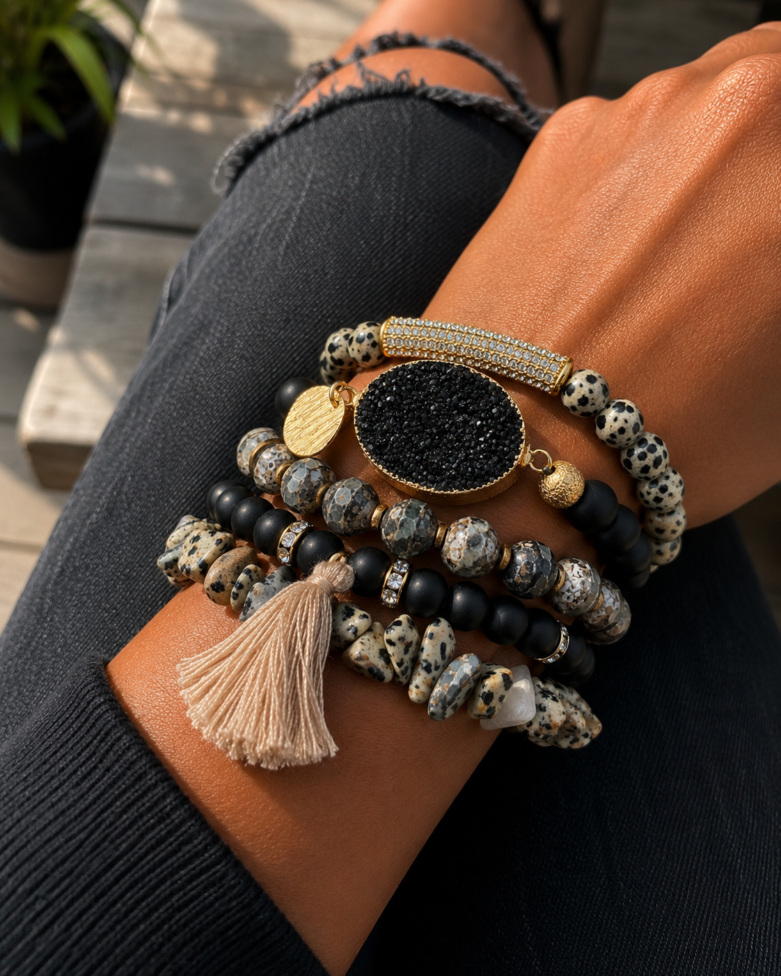 Dalmatian Jasper Beaded Bracelet Stack