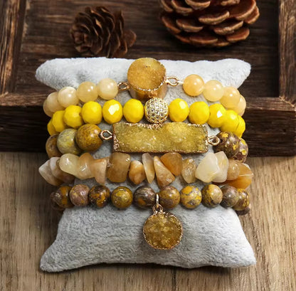 Crystal Beaded Natural Stone Healing Stack 5 Pc Set- Yellow Jade