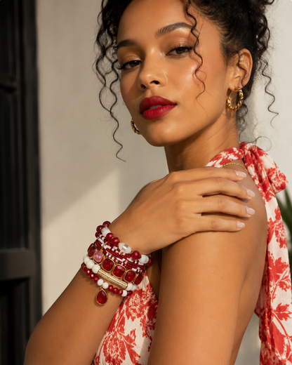 Radiant Ruby Beaded Bracelet Set