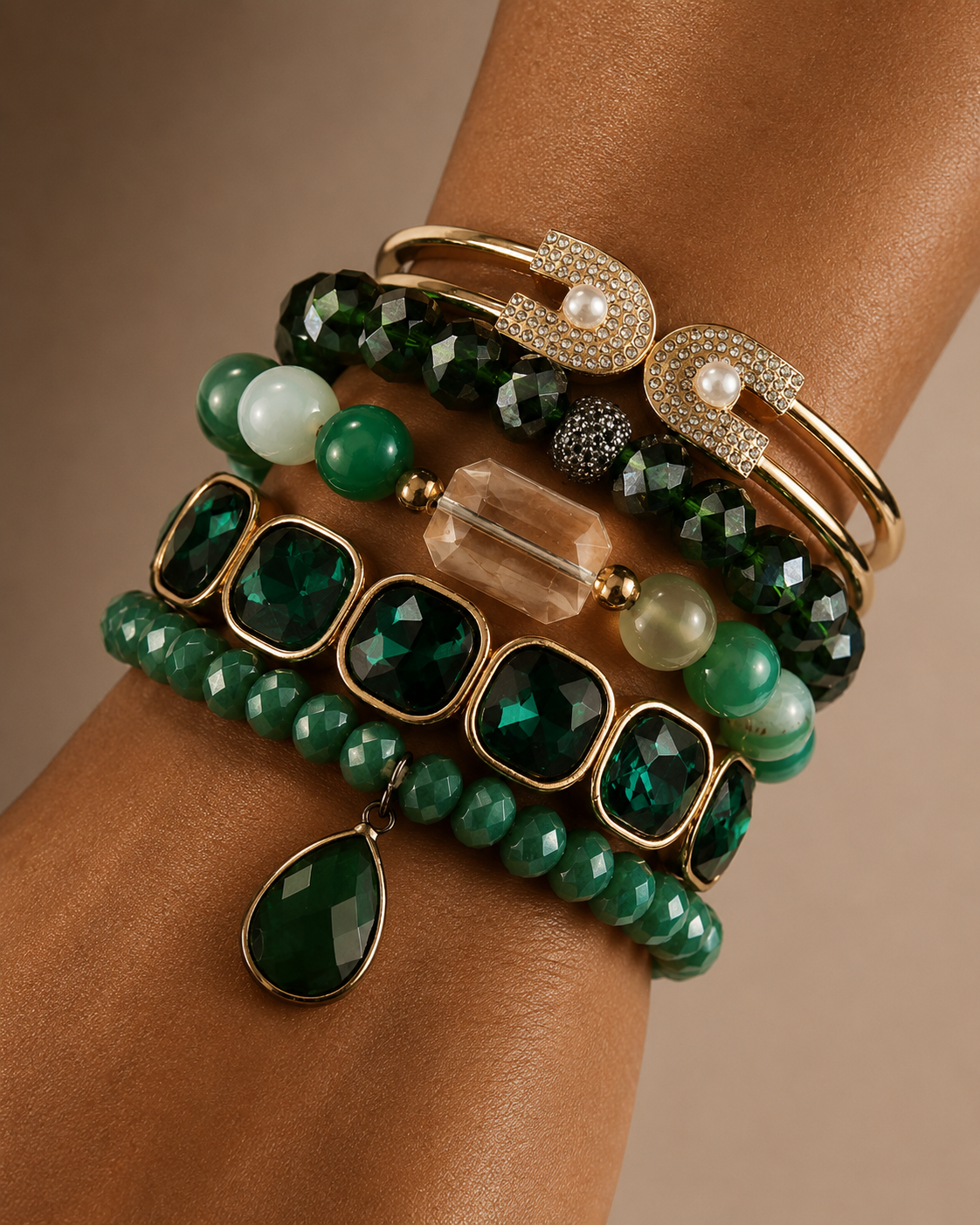 Emerald Green & Gold Beaded Bracelet Set