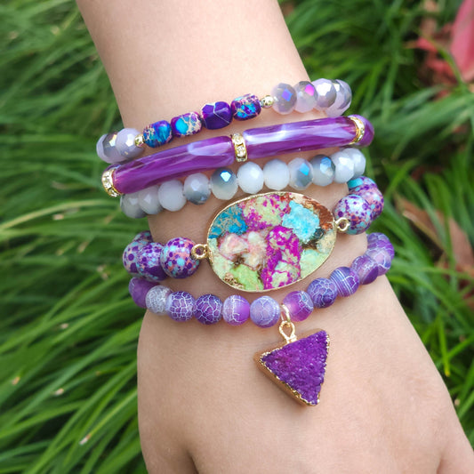 5 piece Amethyst Druzy Beaded Bracelet Set