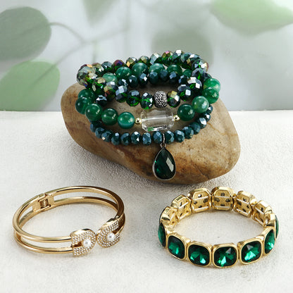 Emerald Green & Gold Beaded Bracelet Set