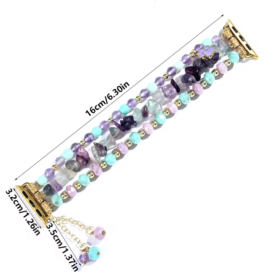 Multicolored beaded bracelet with measurements on a white background