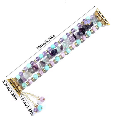 Multicolored beaded bracelet with measurements on a white background