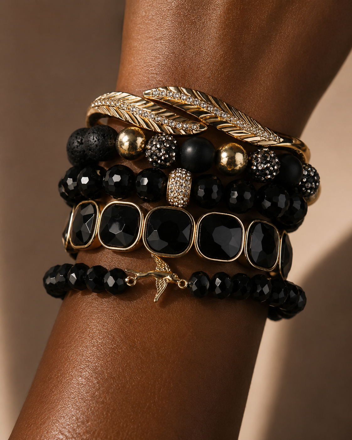Noir Beaded Bracelet Set Black & Gold