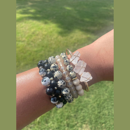 5 Piece womens crystal beaded gemstone bracelet stack in dalmation jasper. Natural crystal beaded bracelet set