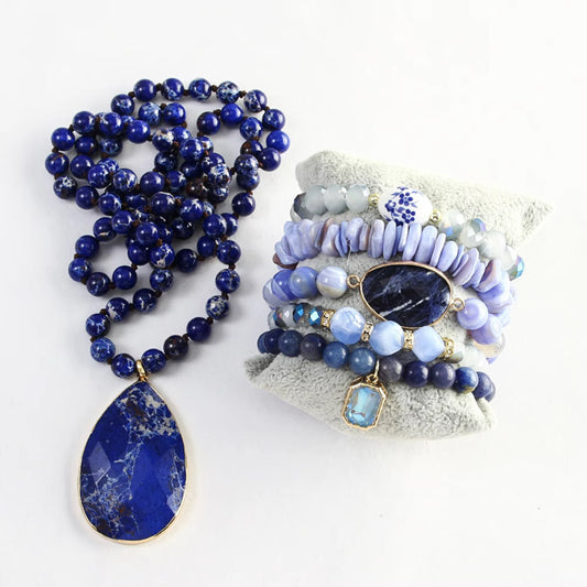 Blue emperor stone bracelet and necklace set 