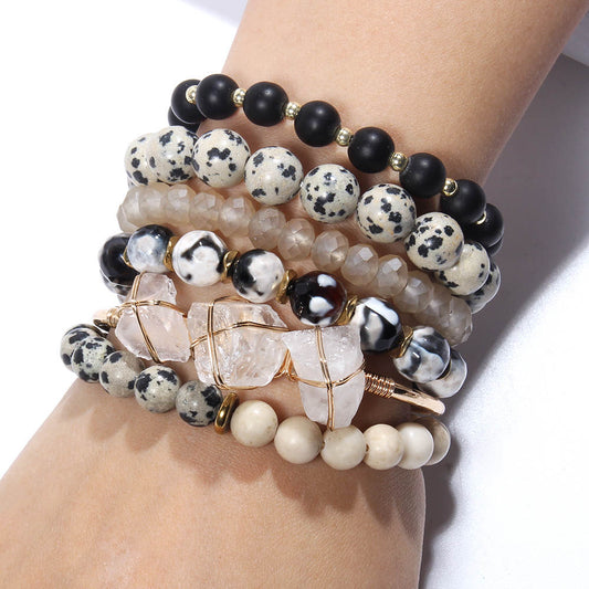 5 Piece womens crystal beaded gemstone bracelet stack in dalmation jasper. Natural crystal beaded bracelet set