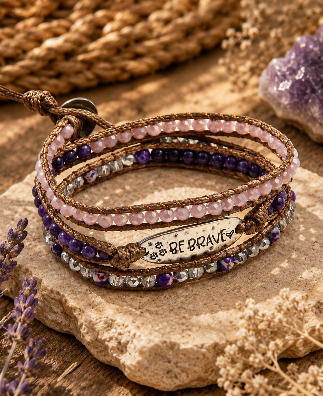 Multistrand beaded bracelet with 'Be Brave' charm on a stone surface with dried lavender and amethysts.