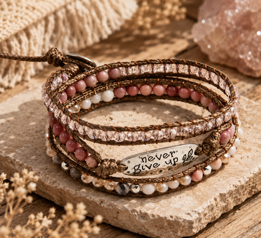 Multistrand beaded bracelet with motivational quote on a stone surface