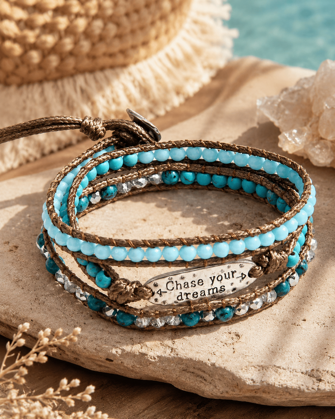Stack of beaded bracelets with a motivational quote on a natural background