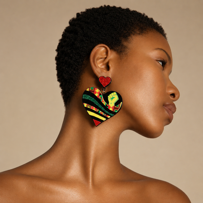 Woman wearing colorful heart-shaped earrings on a beige background
