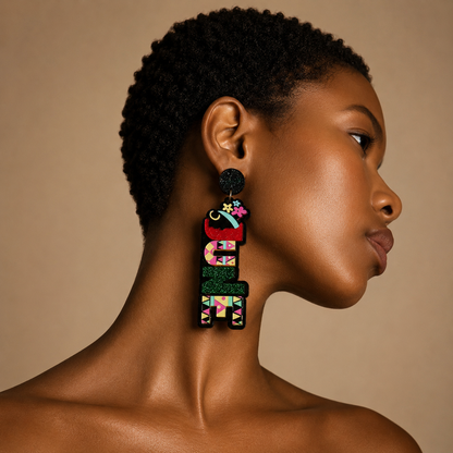 Woman wearing colorful earrings against a beige background