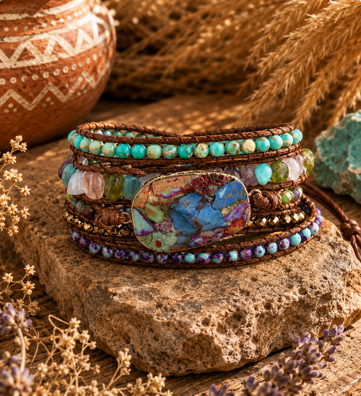 Boho wrap bracelet on rustic background 