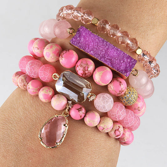 5 Piece womens crystal beaded gemstone bracelet set in pink jasper