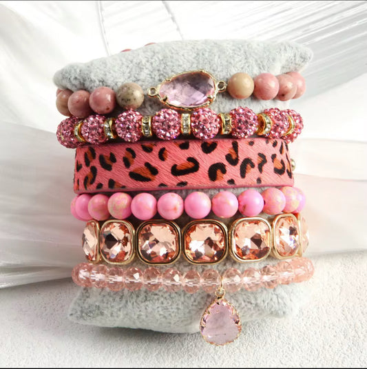 Pink Leopard Beaded Bracelet Set
