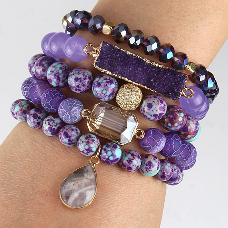 Purple Sea Sediment Jasper Bracelet Set with druzy stone